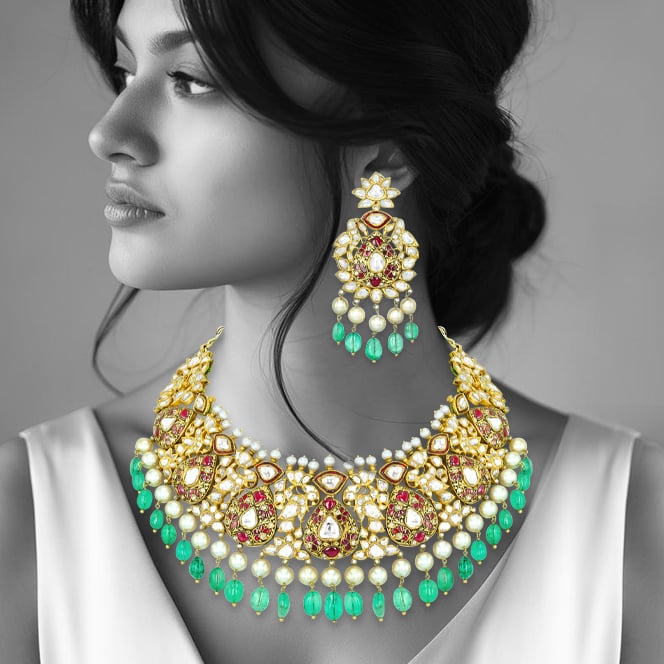 Polki Necklace Set with Red Stones, Emerald Beads, and Pearls